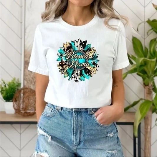 Blessed Mama Turquoise Sunflower Graphic T Shirt